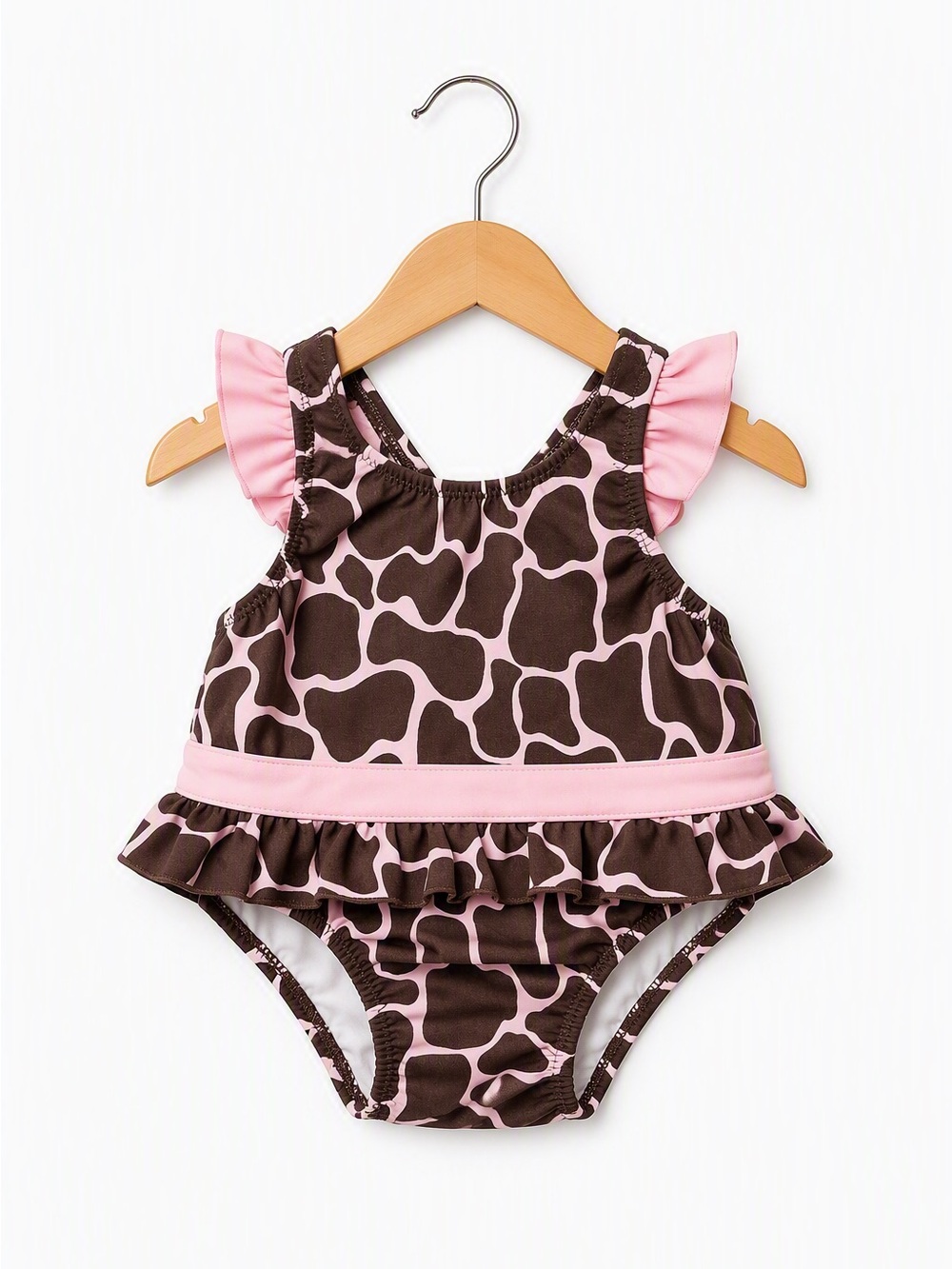 5/15$ Infant Girls Pink & Brown Giraffe Print Ruffle Swimsuit  scoop-neck Swim